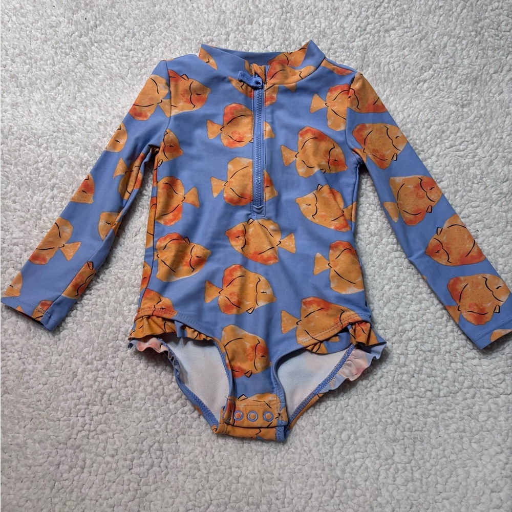 Carter's Blue Long-Sleeve One-Piece Swimsuit with Orange Fish Print